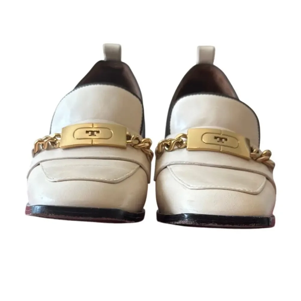 Tory Burch Perrine Heeled Loafers‎ Cream Chain Block Heel 7.5
